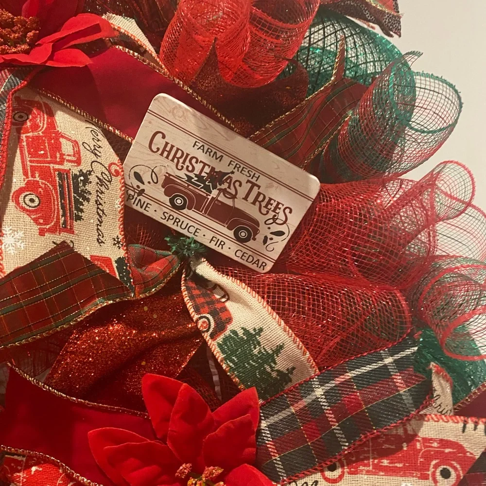 Festive Holiday Red Truck, Barn and Poinsettias Wreath